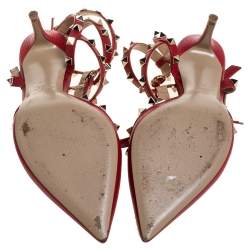 Pre Owned Valentino Red Leather Rockstud Ankle Strap Sandals Size 38