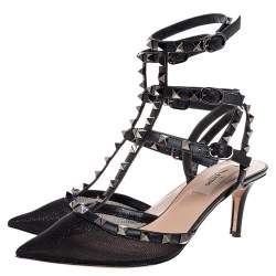 Pre Owned Valentino Black Leather And Mesh Rockstud Triple T Strap Pointed Toe Sandals Size 38.5