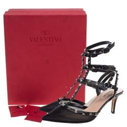 Pre Owned Valentino Black Leather And Mesh Rockstud Triple T Strap Pointed Toe Sandals Size 38.5