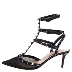 Pre Owned Valentino Black Leather And Mesh Rockstud Triple T Strap Pointed Toe Sandals Size 38.5