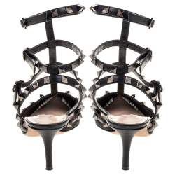 Pre Owned Valentino Black Leather And Mesh Rockstud Triple T Strap Pointed Toe Sandals Size 38.5