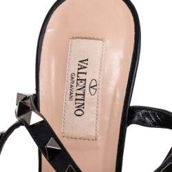 Pre Owned Valentino Black Leather And Mesh Rockstud Triple T Strap Pointed Toe Sandals Size 38.5