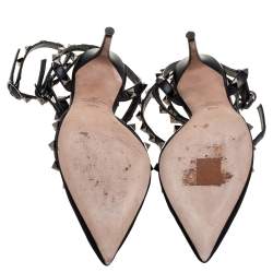 Pre Owned Valentino Black Leather And Mesh Rockstud Triple T Strap Pointed Toe Sandals Size 38.5