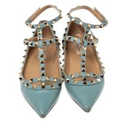 Pre Owned Valentino Pale Blue Leather Rockstud Flats Size 37