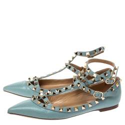 Pre Owned Valentino Pale Blue Leather Rockstud Flats Size 37