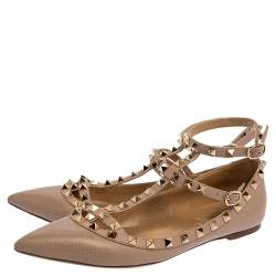 Pre Owned Valentino Blush Pink Leather Rockstud Ankle Cuff Ballet Flats Size 39.5