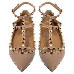 Pre Owned Valentino Blush Pink Leather Rockstud Ankle Cuff Ballet Flats Size 39.5
