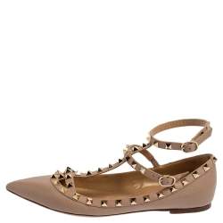 Pre Owned Valentino Blush Pink Leather Rockstud Ankle Cuff Ballet Flats Size 39.5