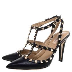 Pre Owned Valentino Black Leather Rockstud Accents Leather T Strap Pointed Toe Sandals Size 40