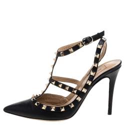 Pre Owned Valentino Black Leather Rockstud Accents Leather T Strap Pointed Toe Sandals Size 40