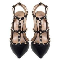 Pre Owned Valentino Black Leather Rockstud Accents Leather T Strap Pointed Toe Sandals Size 40