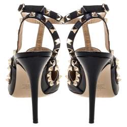 Pre Owned Valentino Black Leather Rockstud Accents Leather T Strap Pointed Toe Sandals Size 40