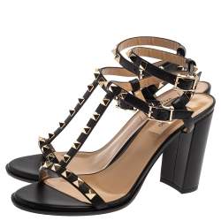 Pre Owned Valentino Black Leather Rockstud Block Heel Strappy Sandals Size 38
