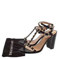 Pre Owned Valentino Black Leather Rockstud Block Heel Strappy Sandals Size 38