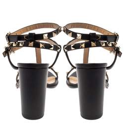 Pre Owned Valentino Black Leather Rockstud Block Heel Strappy Sandals Size 38