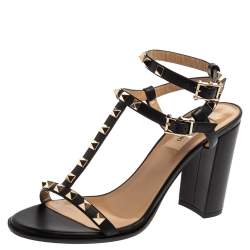 Pre Owned Valentino Black Leather Rockstud Block Heel Strappy Sandals Size 38