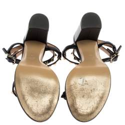 Pre Owned Valentino Black Leather Rockstud Block Heel Strappy Sandals Size 38