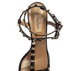 Pre Owned Valentino Black Leather Rockstud Block Heel Strappy Sandals Size 38