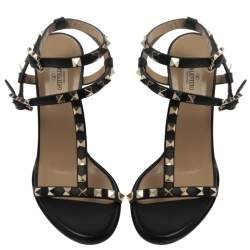 Pre Owned Valentino Black Leather Rockstud Block Heel Strappy Sandals Size 38