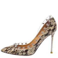 Pre Owned Valentino Beige Python and PVC Crystal Rockstud Pointed Toe Pumps Size 37