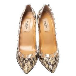 Pre Owned Valentino Beige Python and PVC Crystal Rockstud Pointed Toe Pumps Size 37