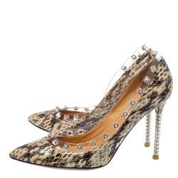 Pre Owned Valentino Beige Python and PVC Crystal Rockstud Pointed Toe Pumps Size 37