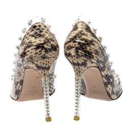Pre Owned Valentino Beige Python and PVC Crystal Rockstud Pointed Toe Pumps Size 37