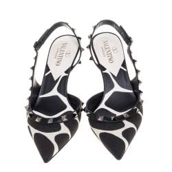 Pre Owned Valentino Black/White Dalmatian Print Canvas And Leather Rockstud D'orsay Slingback Sandals Size 37