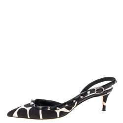 Pre Owned Valentino Black/White Dalmatian Print Canvas And Leather Rockstud D'orsay Slingback Sandals Size 37