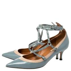 Pre Owned Valentino Blue/Beige Leather Kitten Heels Ankle Strap Pointed Toe Pumps Size 39.5