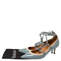 Pre Owned Valentino Blue/Beige Leather Kitten Heels Ankle Strap Pointed Toe Pumps Size 39.5