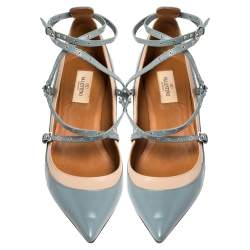 Pre Owned Valentino Blue/Beige Leather Kitten Heels Ankle Strap Pointed Toe Pumps Size 39.5