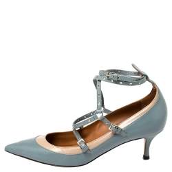 Pre Owned Valentino Blue/Beige Leather Kitten Heels Ankle Strap Pointed Toe Pumps Size 39.5