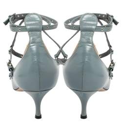 Pre Owned Valentino Blue/Beige Leather Kitten Heels Ankle Strap Pointed Toe Pumps Size 39.5