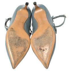 Pre Owned Valentino Blue/Beige Leather Kitten Heels Ankle Strap Pointed Toe Pumps Size 39.5