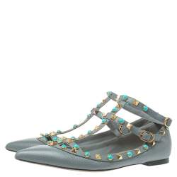 Pre Owned Valentino Grey Leather Rolling Rockstud Ankle Strap Ballerina Flats Size 37.5