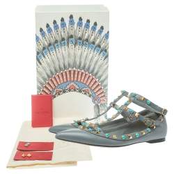 Pre Owned Valentino Grey Leather Rolling Rockstud Ankle Strap Ballerina Flats Size 37.5