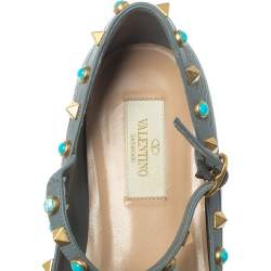 Pre Owned Valentino Grey Leather Rolling Rockstud Ankle Strap Ballerina Flats Size 37.5