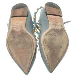Pre Owned Valentino Grey Leather Rolling Rockstud Ankle Strap Ballerina Flats Size 37.5