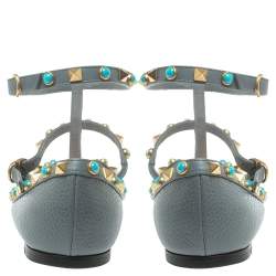 Pre Owned Valentino Grey Leather Rolling Rockstud Ankle Strap Ballerina Flats Size 37.5