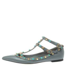 Pre Owned Valentino Grey Leather Rolling Rockstud Ankle Strap Ballerina Flats Size 37.5
