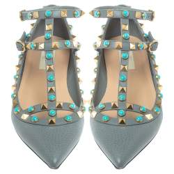 Pre Owned Valentino Grey Leather Rolling Rockstud Ankle Strap Ballerina Flats Size 37.5