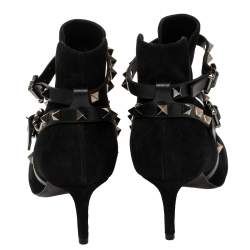 Pre Owned Valentino Black Suede Rockstud Harness Ankle Boots Size 36.5