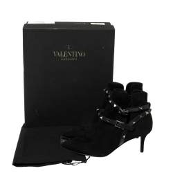Pre Owned Valentino Black Suede Rockstud Harness Ankle Boots Size 36.5