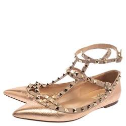 Pre Owned Valentino Metallic Rose Gold Leather Rockstud Ankle Strap Ballet Flats Size 40