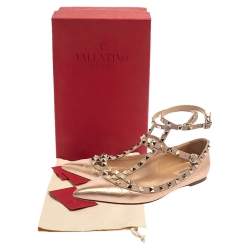 Pre Owned Valentino Metallic Rose Gold Leather Rockstud Ankle Strap Ballet Flats Size 40