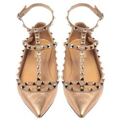 Pre Owned Valentino Metallic Rose Gold Leather Rockstud Ankle Strap Ballet Flats Size 40