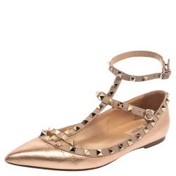 Pre Owned Valentino Metallic Rose Gold Leather Rockstud Ankle Strap Ballet Flats Size 40
