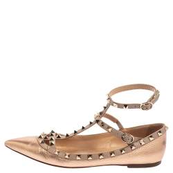 Pre Owned Valentino Metallic Rose Gold Leather Rockstud Ankle Strap Ballet Flats Size 40
