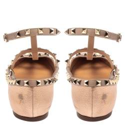 Pre Owned Valentino Metallic Rose Gold Leather Rockstud Ankle Strap Ballet Flats Size 40